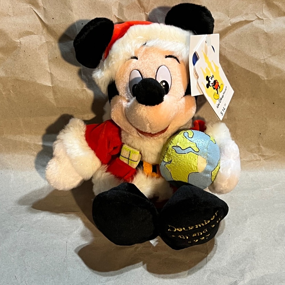 Disney 9in Mickey Mouse Plush Red Santa 1999 Commemorative Globe NWT
